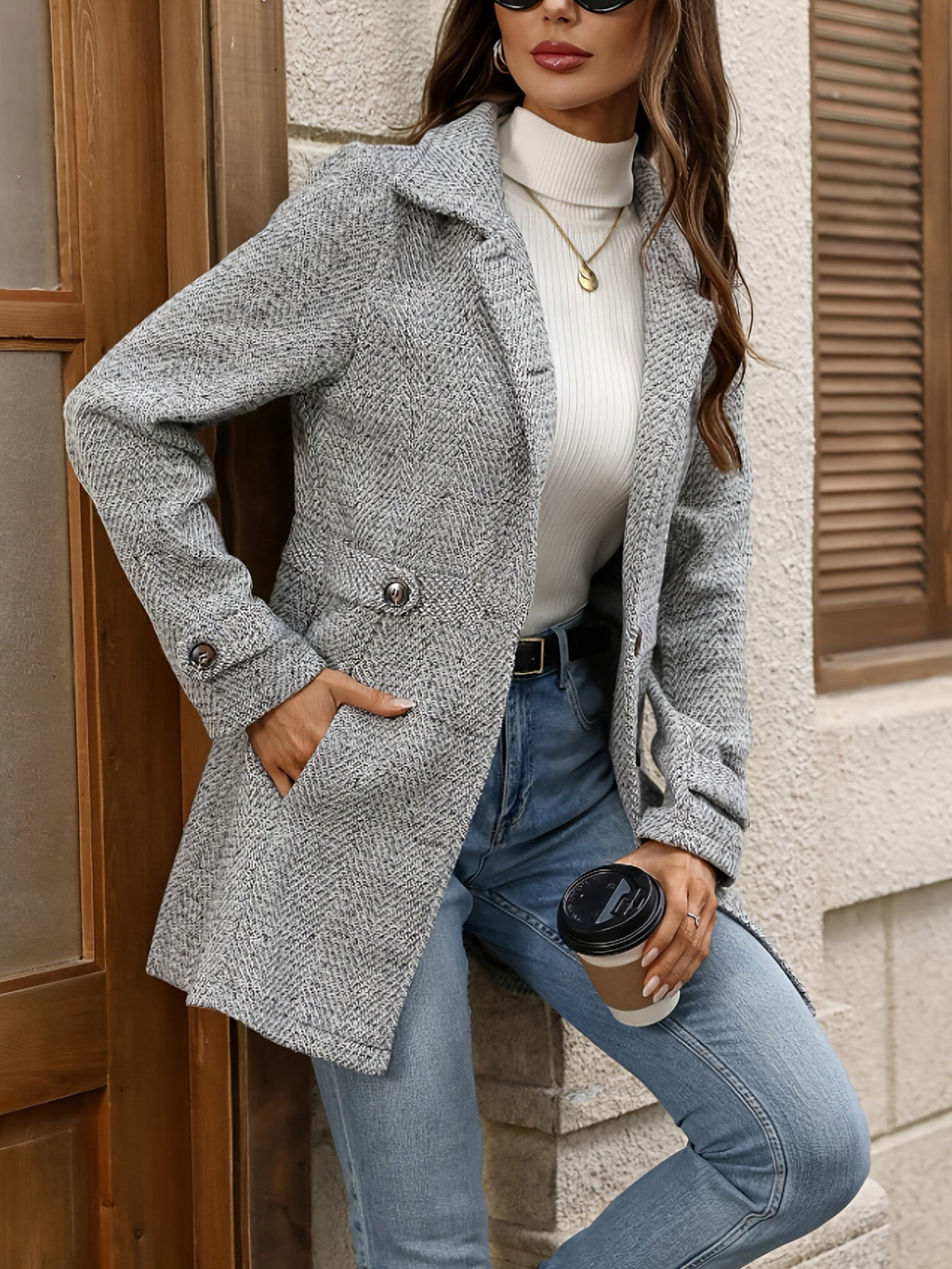 Women's gray herringbone wool blend coat with notch collar