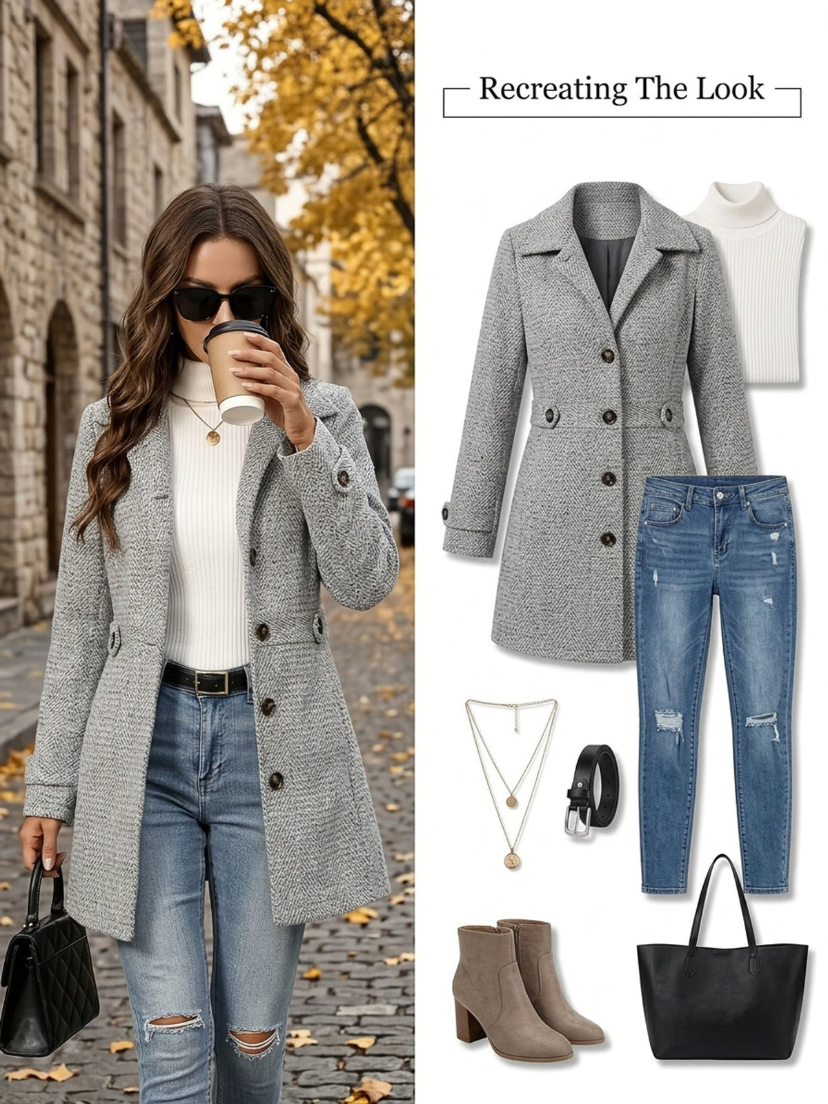 Women's gray herringbone wool blend coat, outfit styling guide