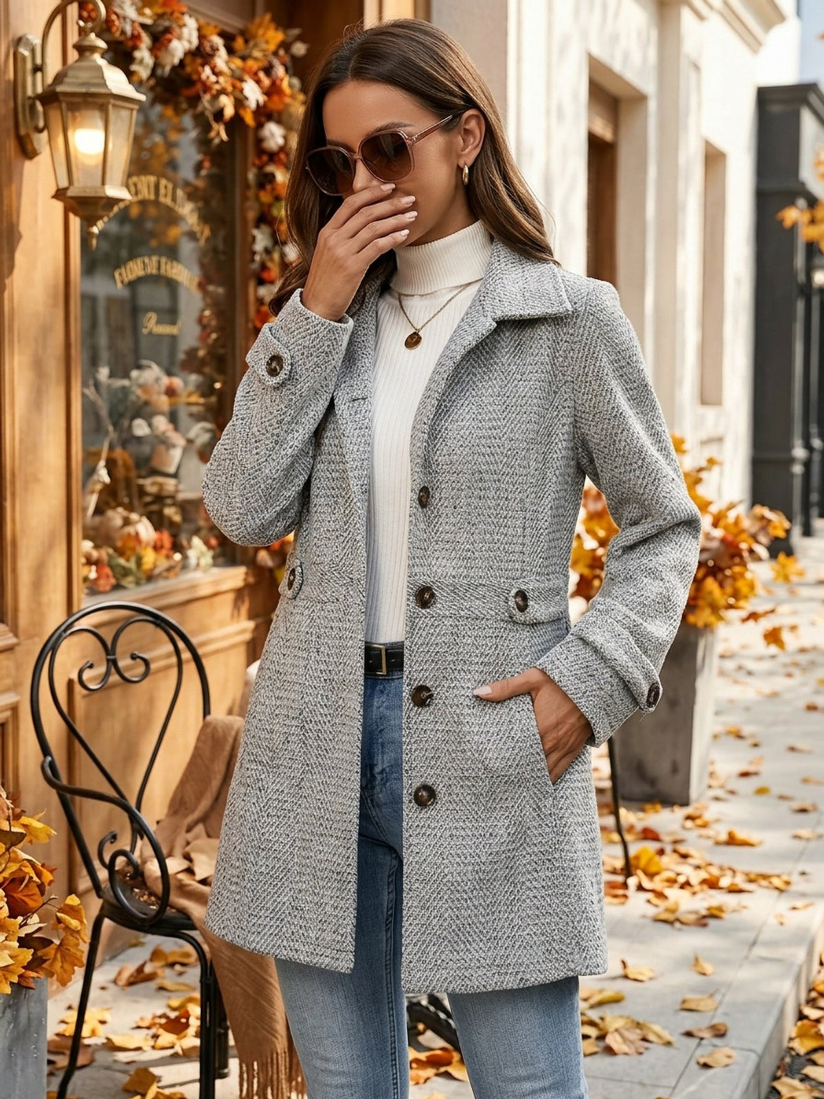Women's gray herringbone wool blend coat, outfit styling guide