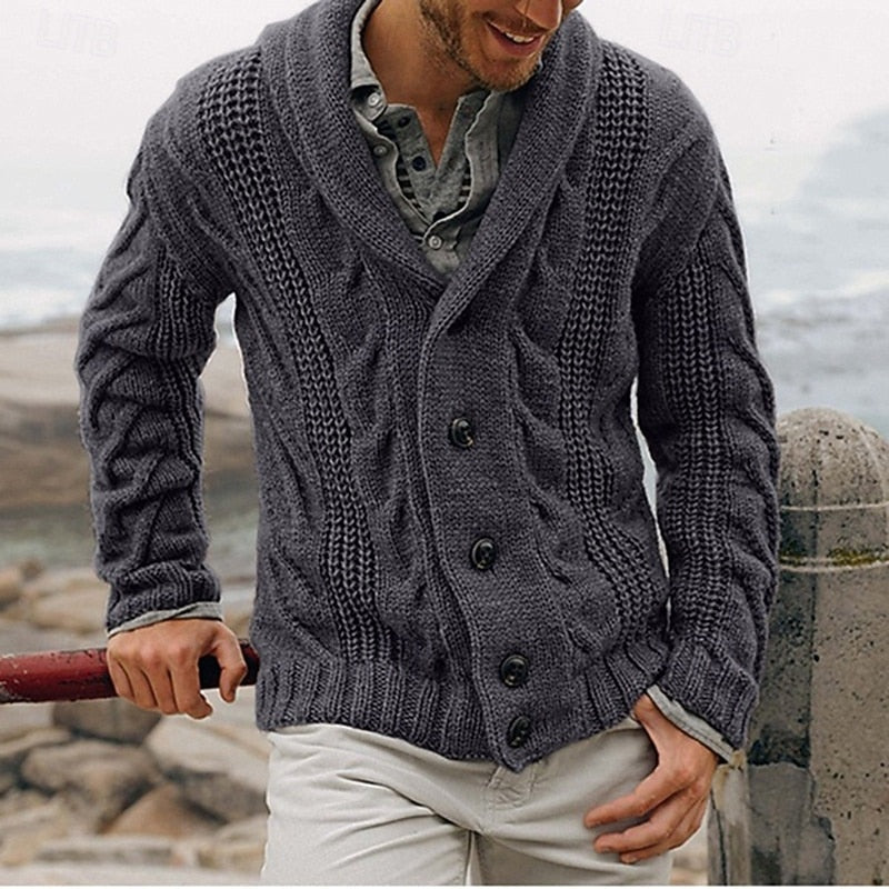 Men's dark grey cable knit shawl collar cardigan with pockets