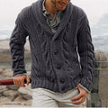 Men's dark grey cable knit shawl collar cardigan with pockets