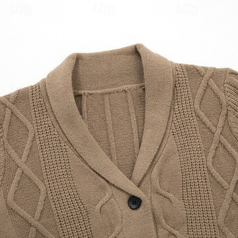 Men's khaki cable knit shawl collar cardigan, collar detail