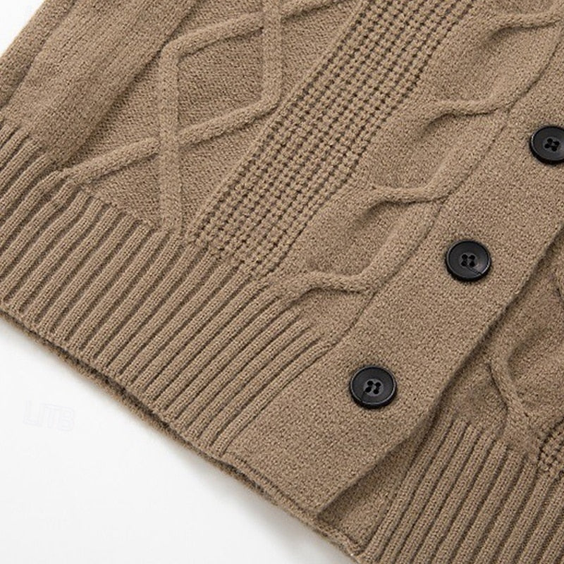 Men's khaki cable knit shawl collar cardigan, collar detail