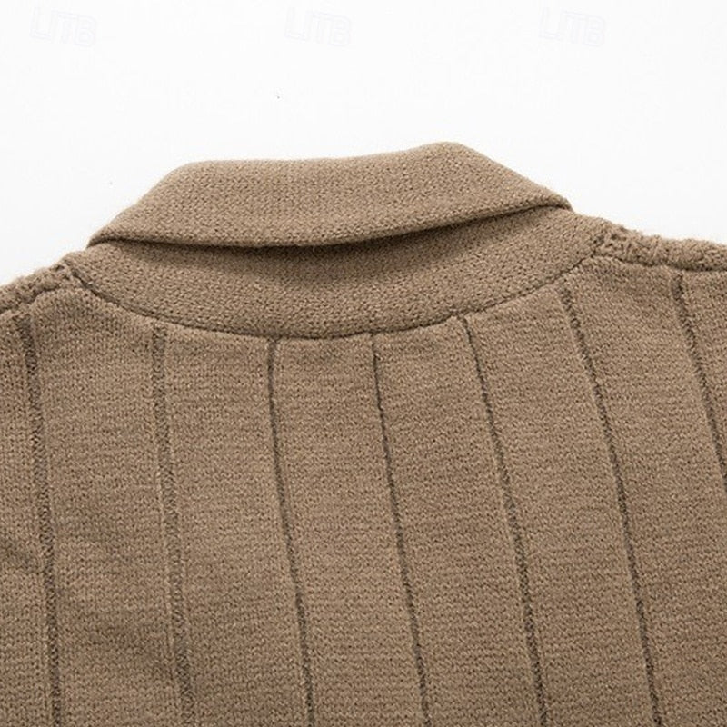 Men's khaki cable knit shawl collar cardigan, collar detail