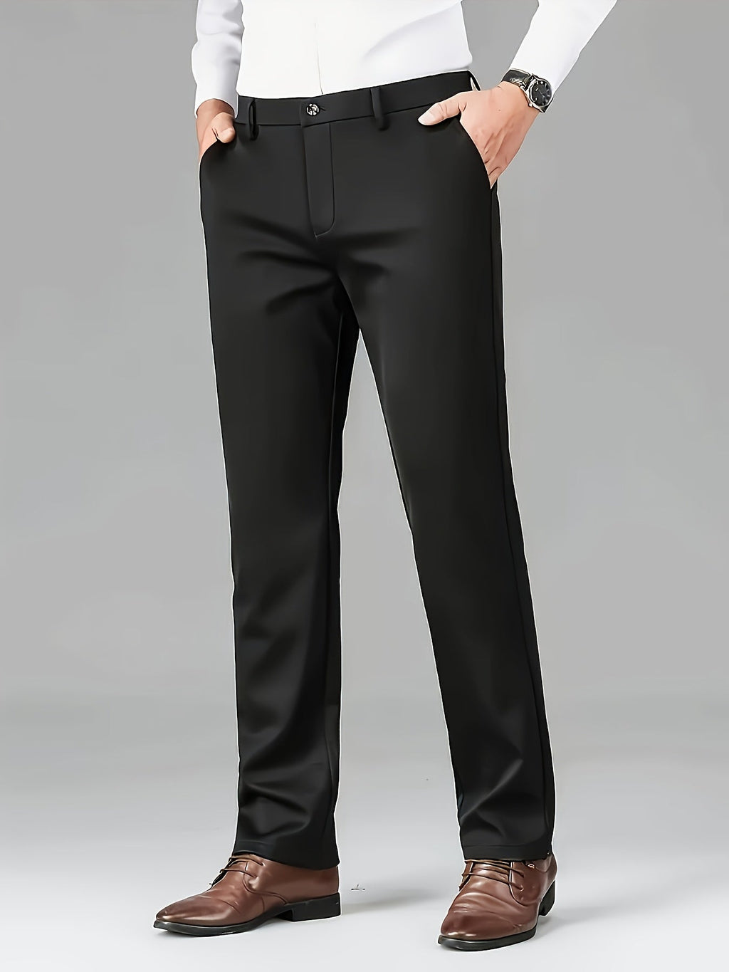 Men's tailored straight-leg dress pants with a wrinkle-resistant finish