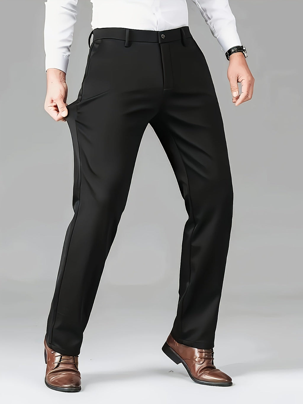 Men's tailored straight-leg dress pants with a wrinkle-resistant finish