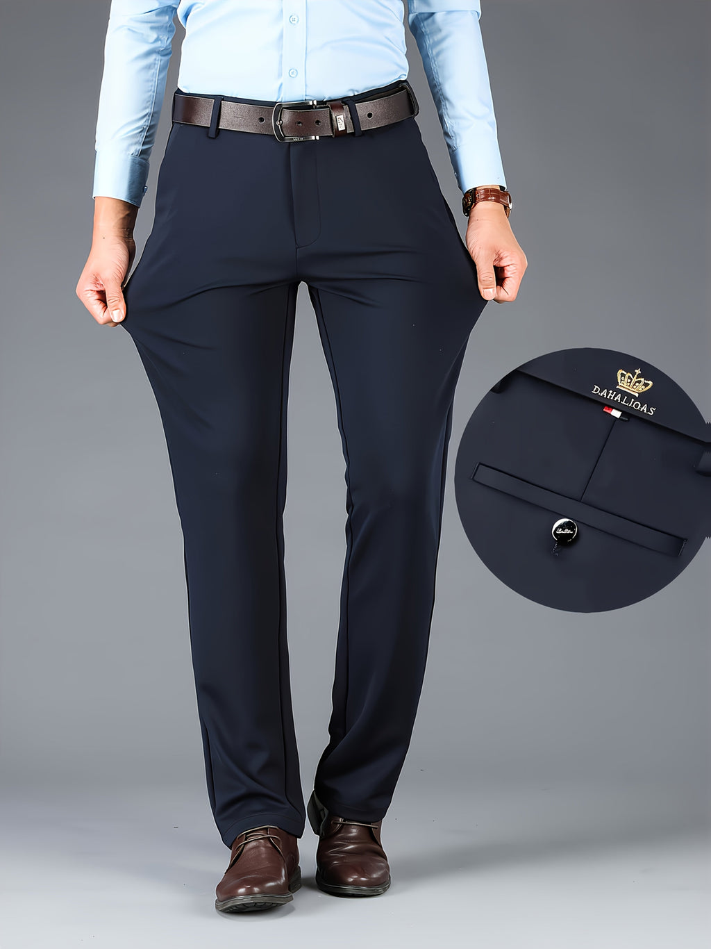 Men's tailored straight-leg dress pants with a wrinkle-resistant finish
