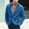 Men's blue cable knit notch-lapel button cardigan with pockets