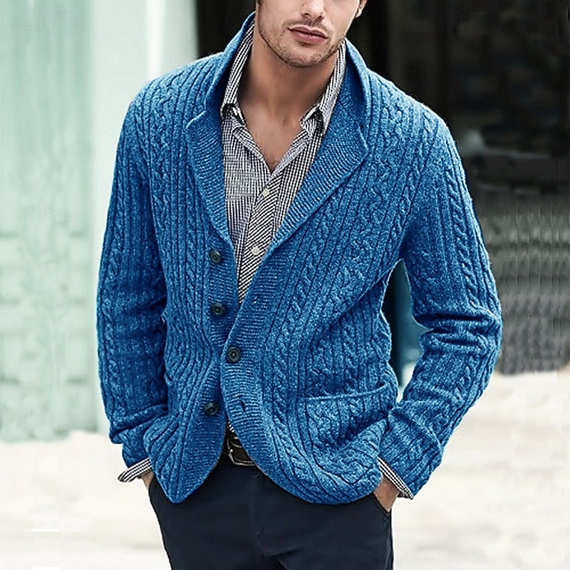 Men's blue cable knit notch-lapel button cardigan with pockets