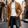 Men's khaki double-breasted overcoat with a structured, tailored fit