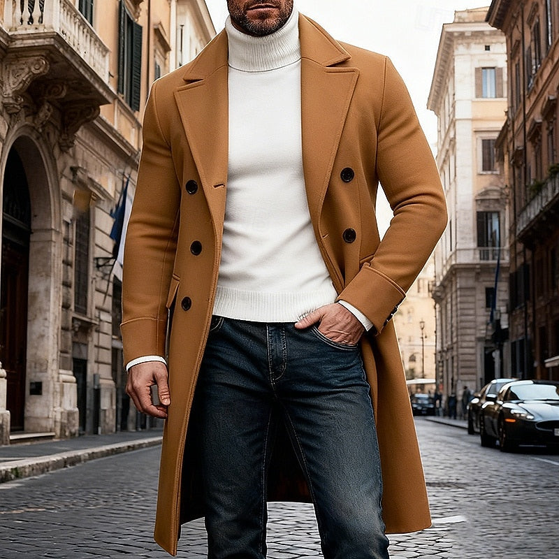 Men's khaki double-breasted overcoat with a structured, tailored fit