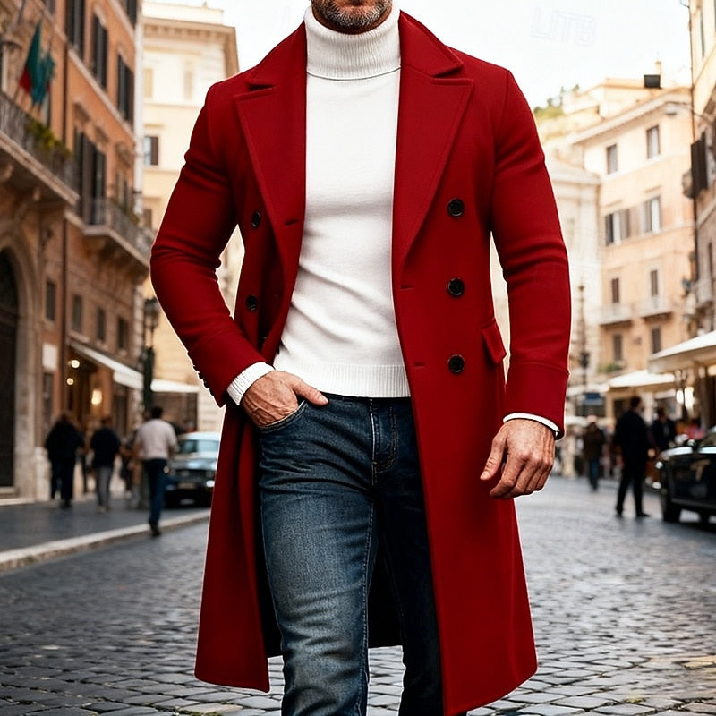 Men's red tailored double-breasted overcoat with structured fit