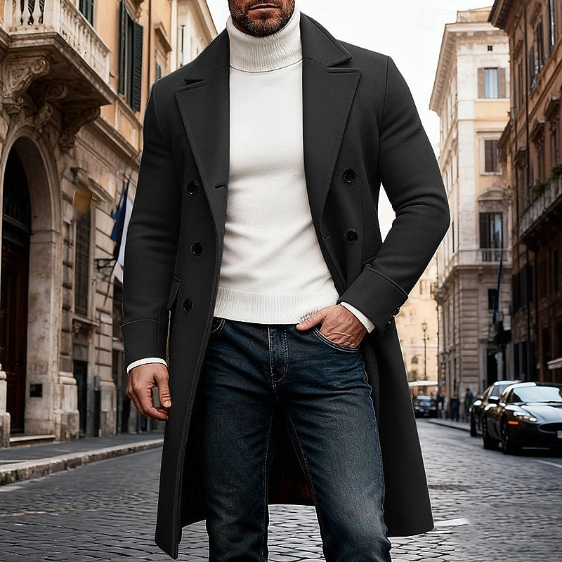 Men's red tailored double-breasted overcoat with structured fit