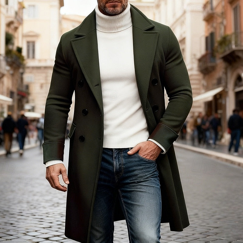 Men's army green double-breasted overcoat with structured fit