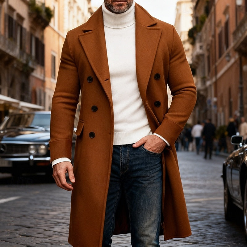 Men's brown double-breasted overcoat with structured fit