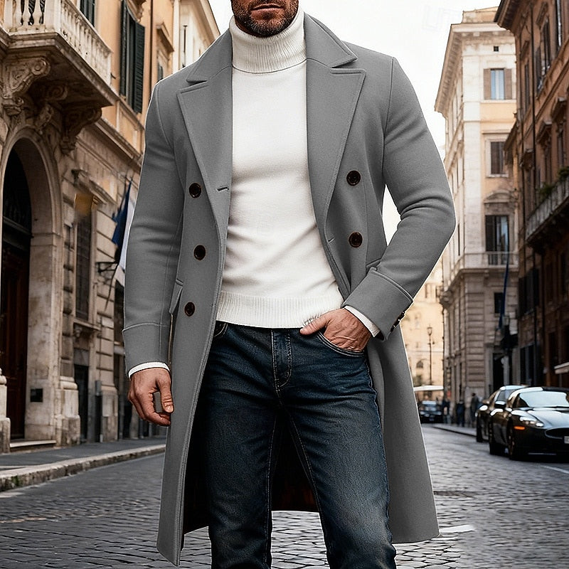 Men's gray double-breasted overcoat with structured fit