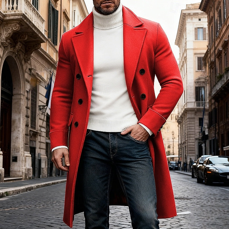 Men's red tailored double-breasted overcoat with structured fit