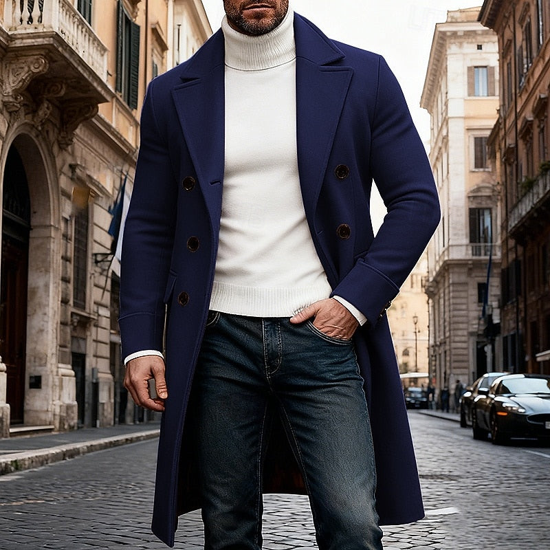 Men's red tailored double-breasted overcoat with structured fit