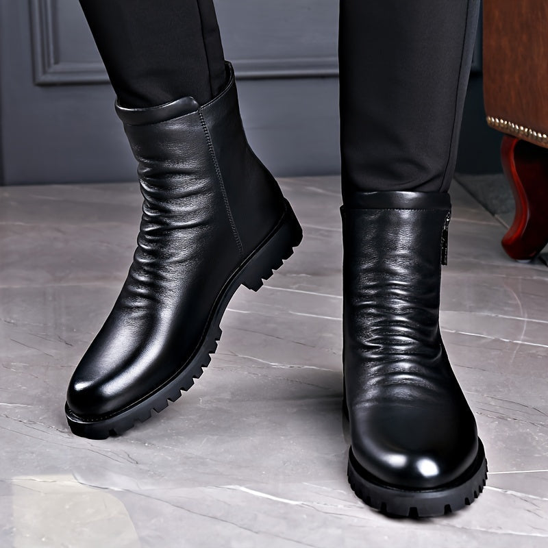 Men's black leather ankle boots, close-up of side zipper