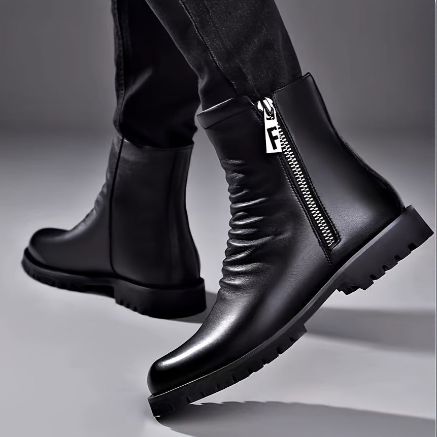 Men's black leather boots with side zipper, on foot detail