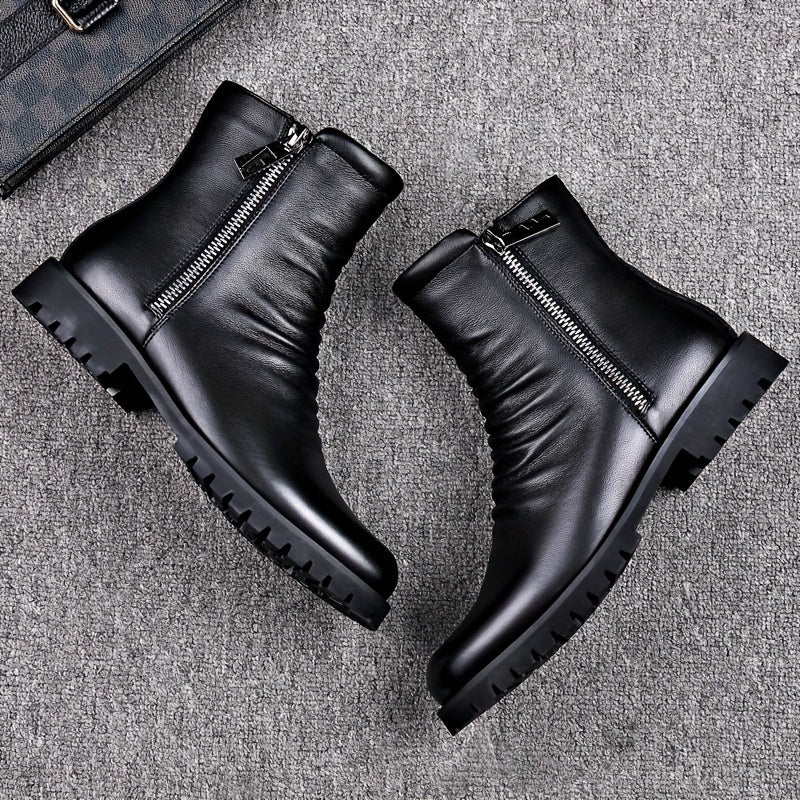 Men's black leather zip-side boots, top view of the pair