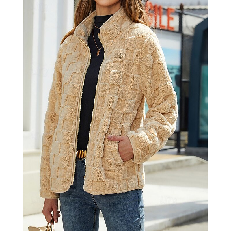 Women's apricot textured stand-collar zip coat