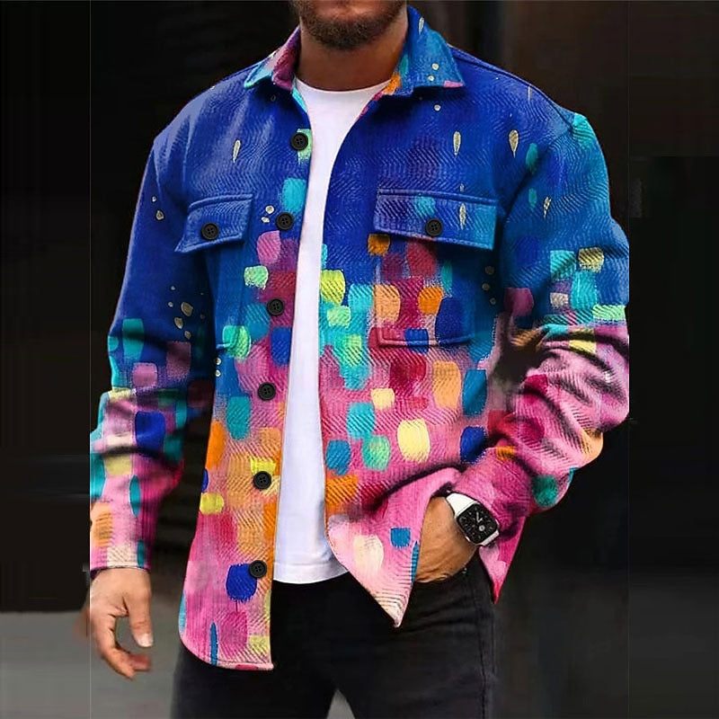 Men's blue patterned button-front overshirt, casual layer