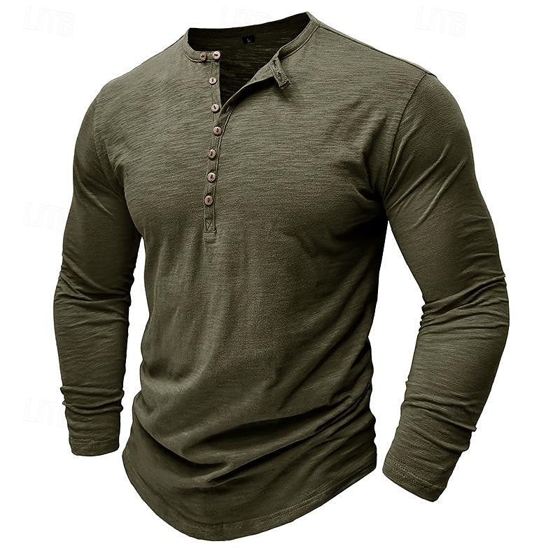 Men's army green long sleeve henley shirt with button placket