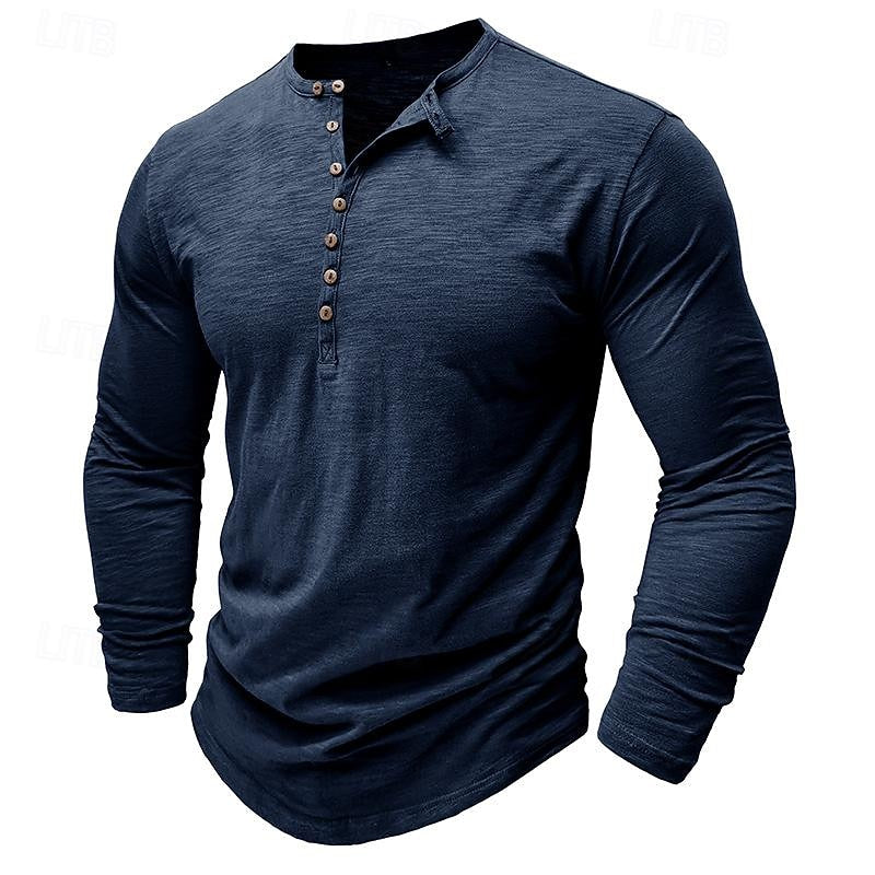 Men's dark grey long sleeve henley shirt with button placket