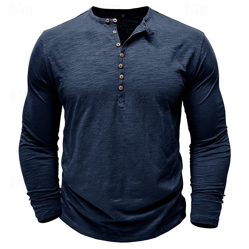 Men's dark grey henley shirt, front view with button placket