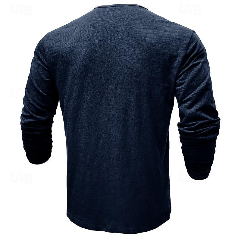 Men's dark grey long sleeve henley shirt, back view detail