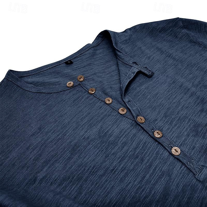 Men's dark grey henley shirt, close-up of collar and buttons
