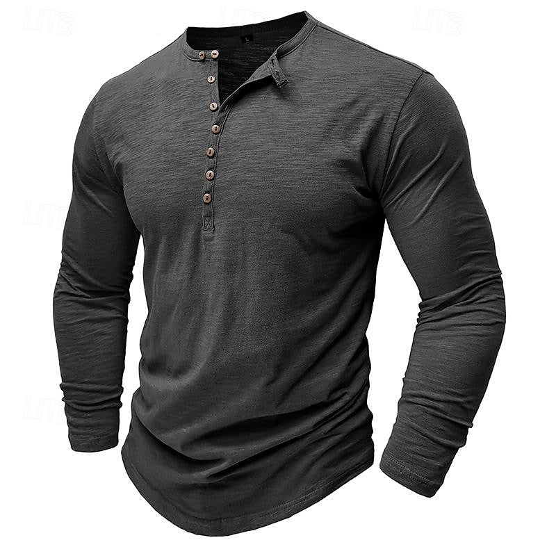 Men's dark grey henley shirt, close-up of collar and buttons