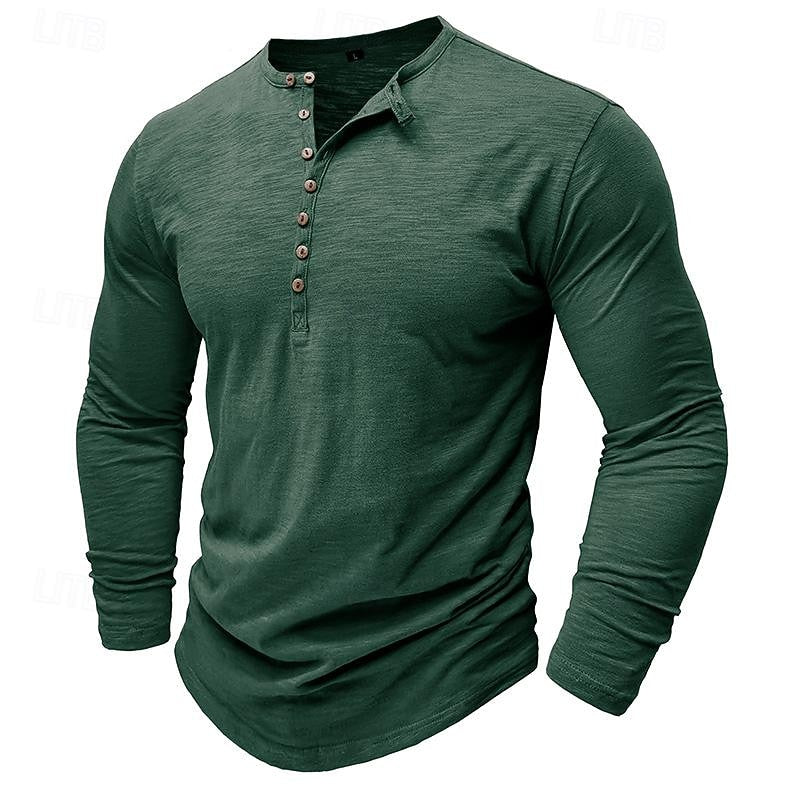 Men's dark grey henley shirt, close-up of collar and buttons