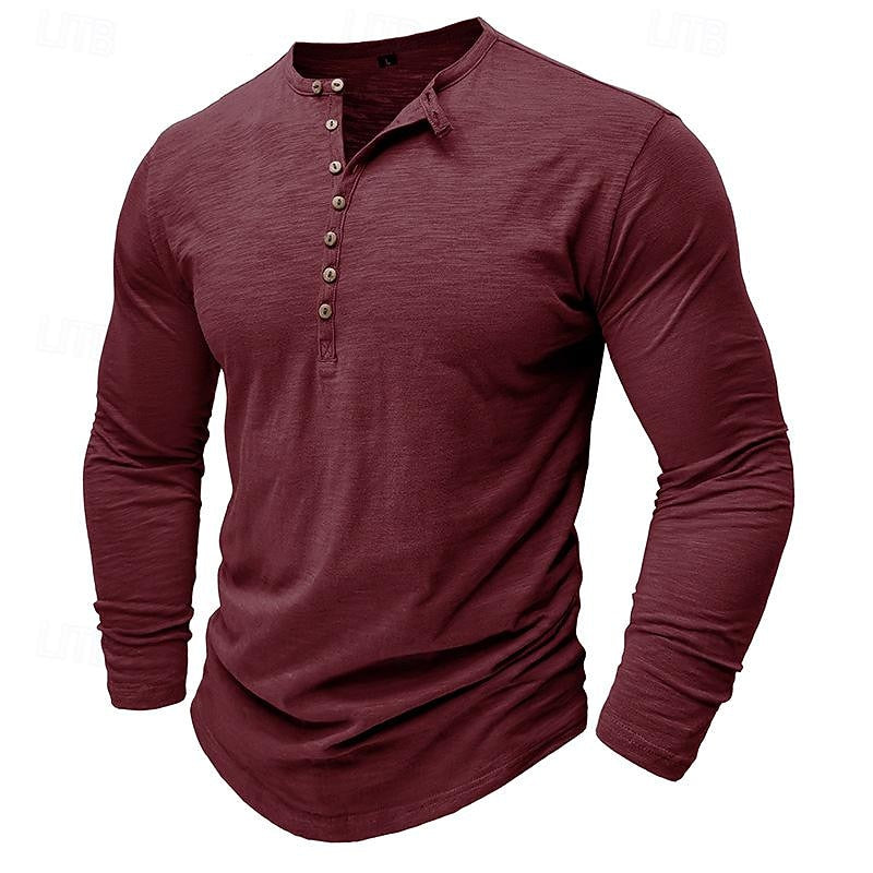 Men's dark grey henley shirt, close-up of collar and buttons