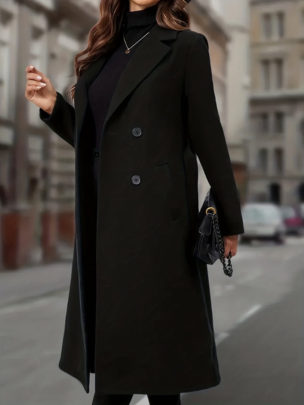 Women's black tailored double-breasted long coat with pockets