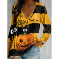 Women's orange Halloween graphic V-neck top with long sleeves