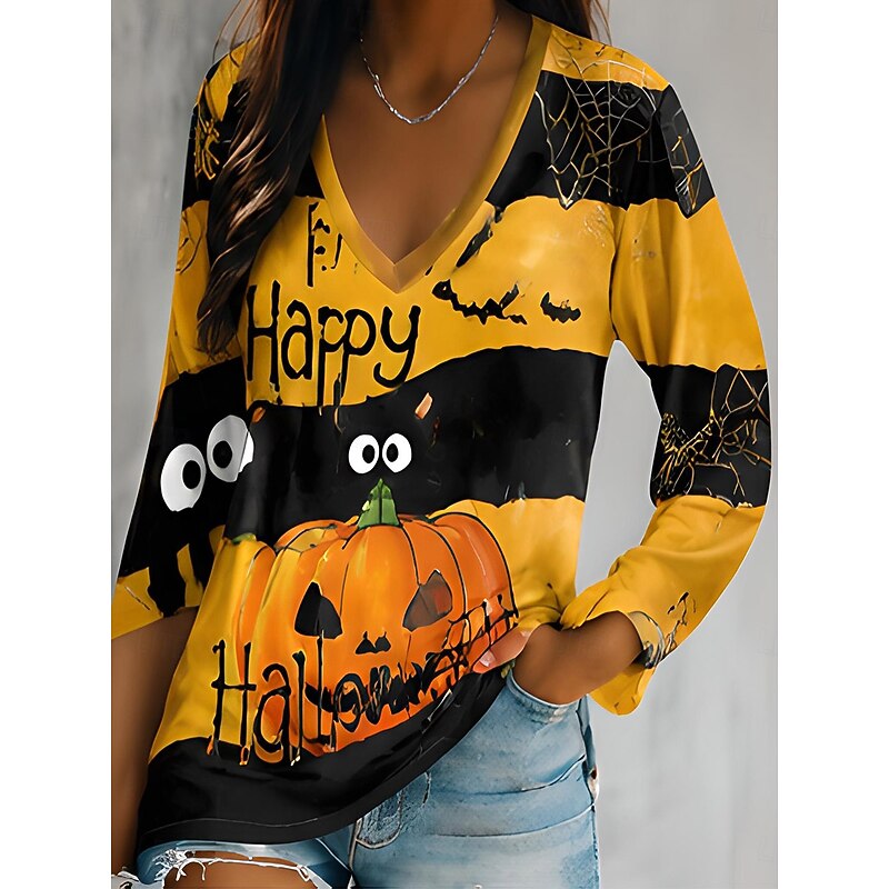 Women's orange Halloween graphic V-neck top with long sleeves