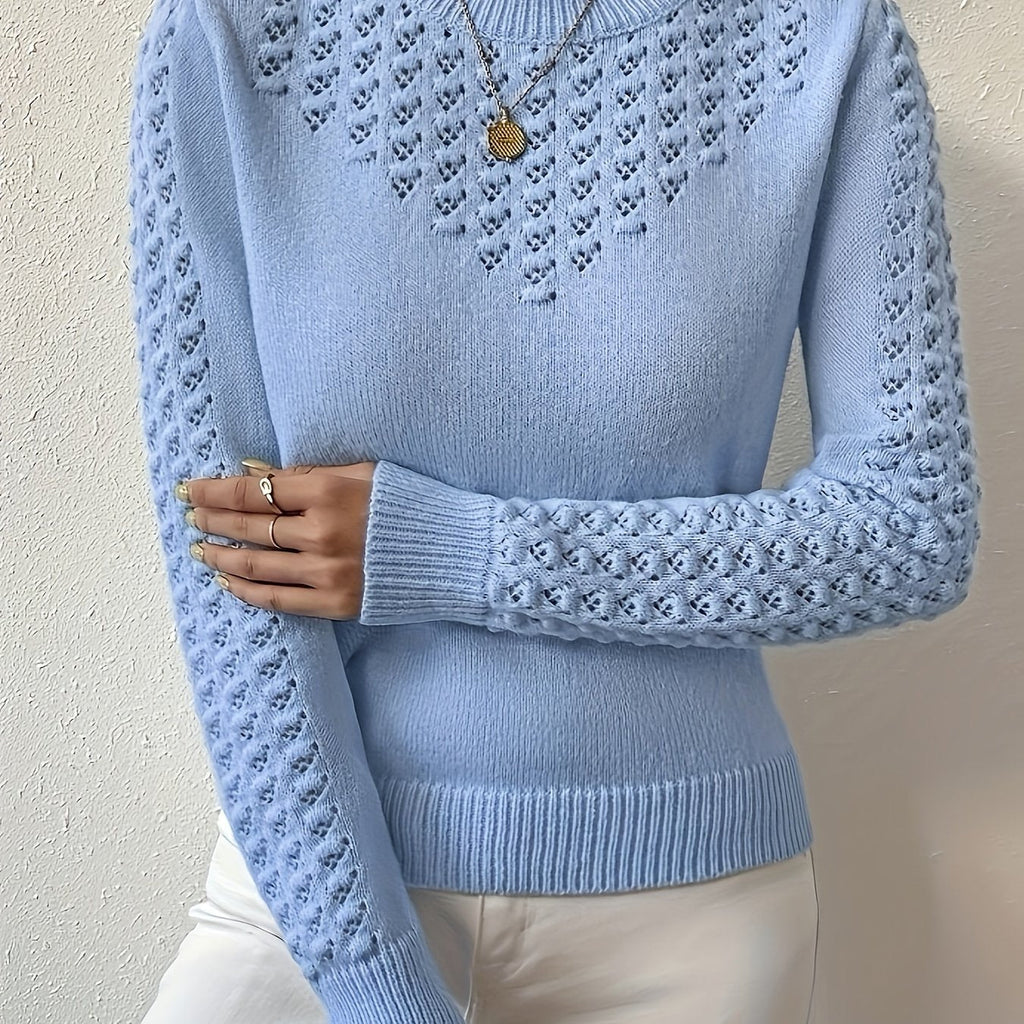Women's pointelle open-knit round neck sweater in soft knit for winter