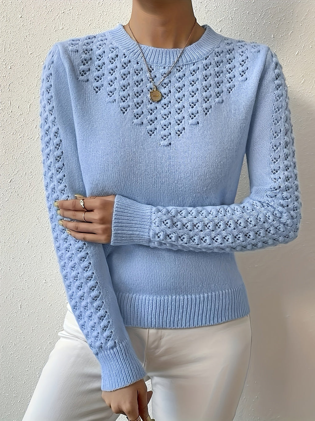 Women's pointelle open-knit round neck sweater in soft knit for winter