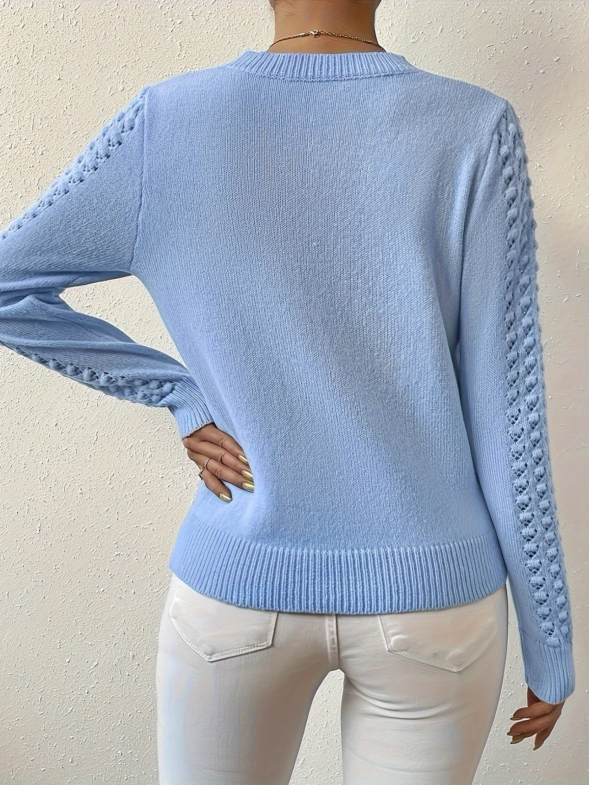 Women's pointelle open-knit round neck sweater in soft knit for winter