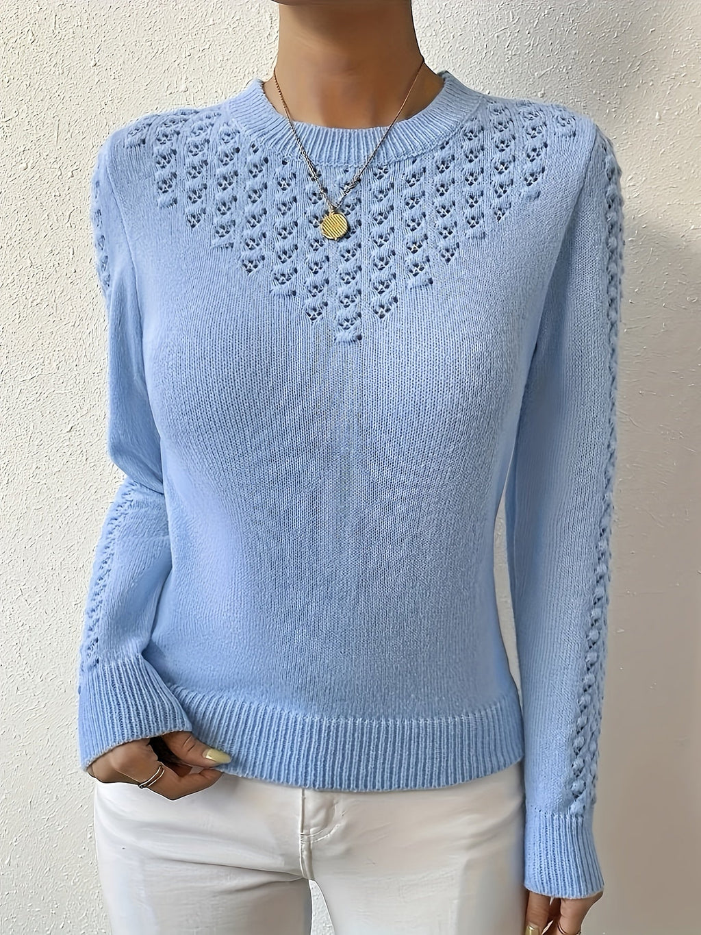Women's pointelle open-knit round neck sweater in soft knit for winter