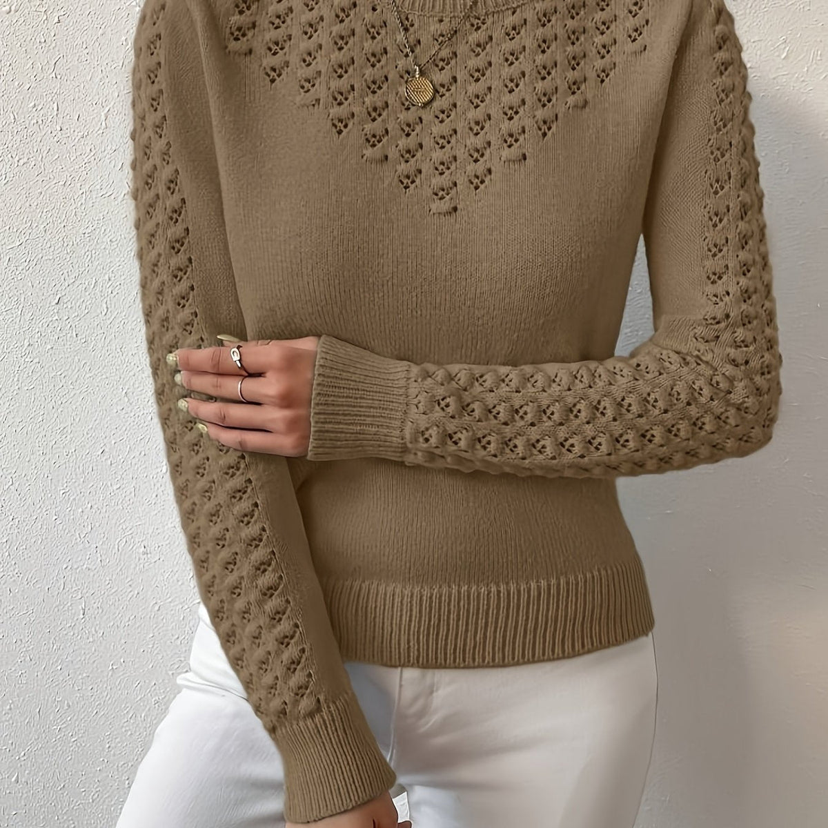 Women's pointelle open-knit round neck sweater in soft knit for winter
