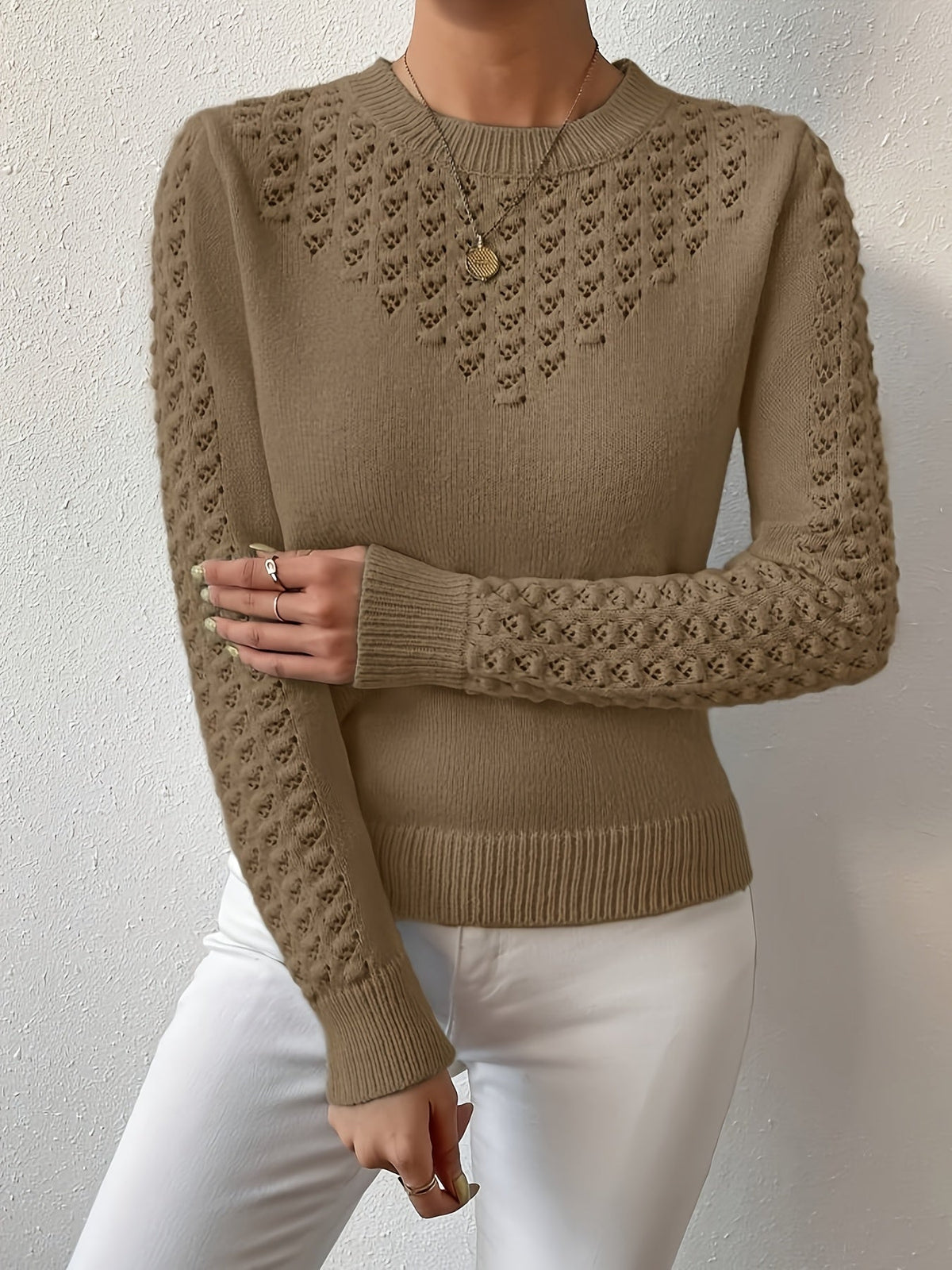 Women's pointelle open-knit round neck sweater in soft knit for winter