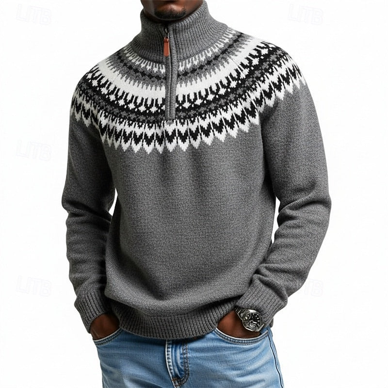 Men's heritage-pattern quarter-zip sweater in breathable knit