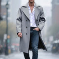 Men's light grey double-breasted long overcoat, front view