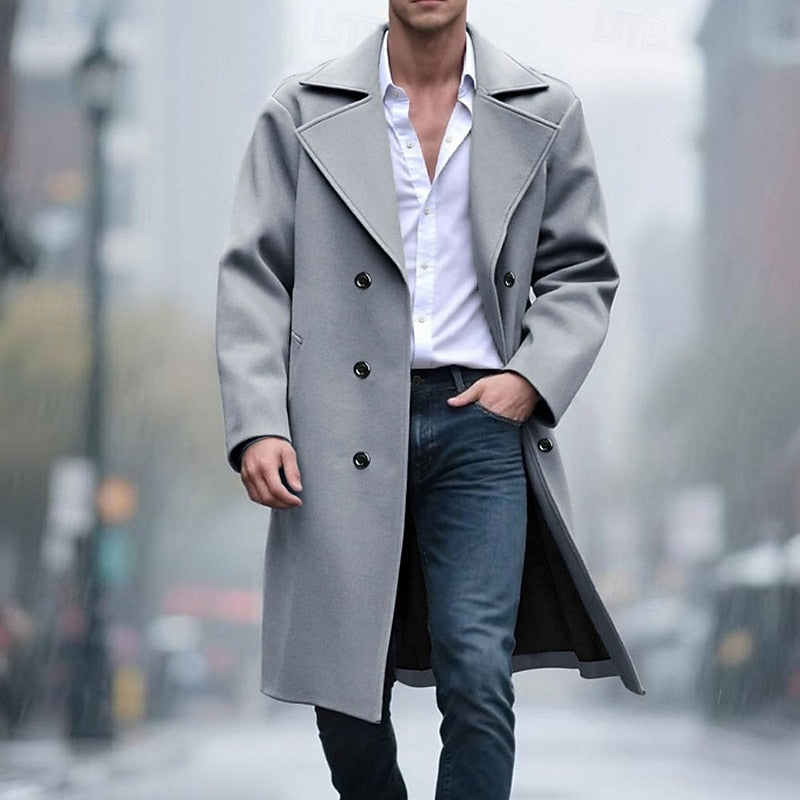 Men's light grey double-breasted long overcoat, front view