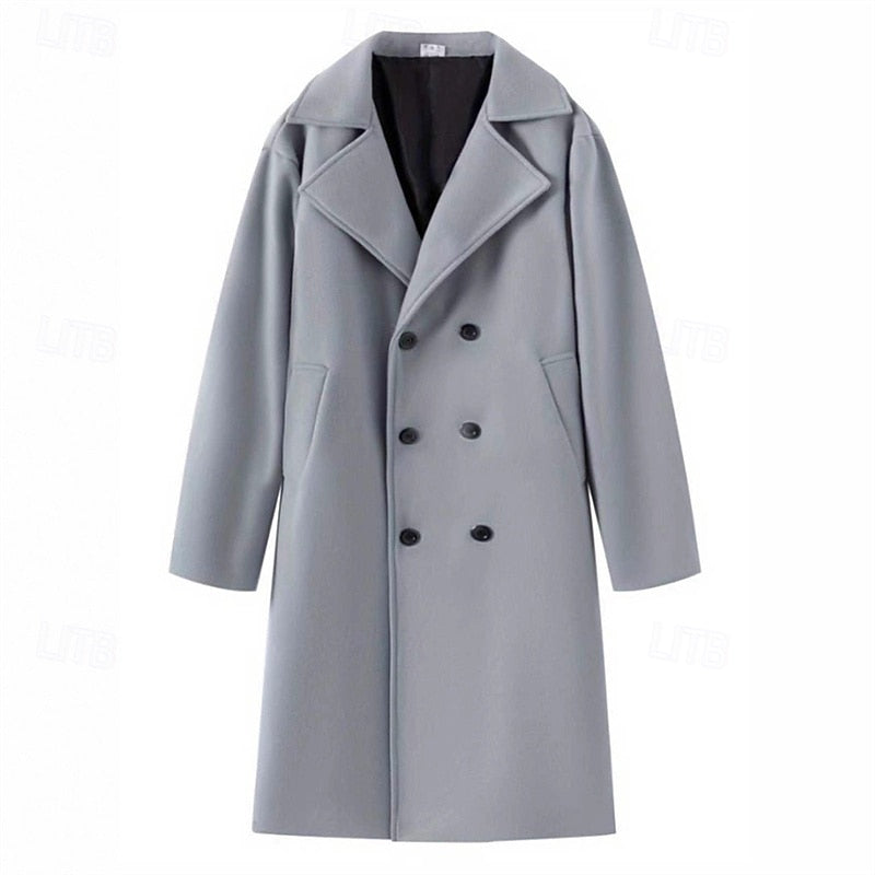 Men's light grey double-breasted long overcoat, flat lay