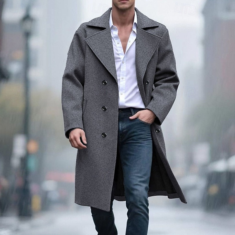 Men's dark grey double-breasted long overcoat, front view