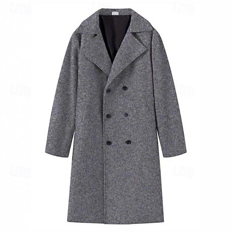 Men's dark grey double-breasted long overcoat, flat lay